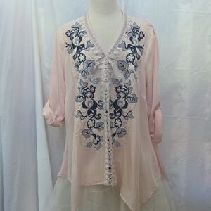 Angel Heart Embroidered  Pink Women's Top - Handkerchief Hemline - Lge.